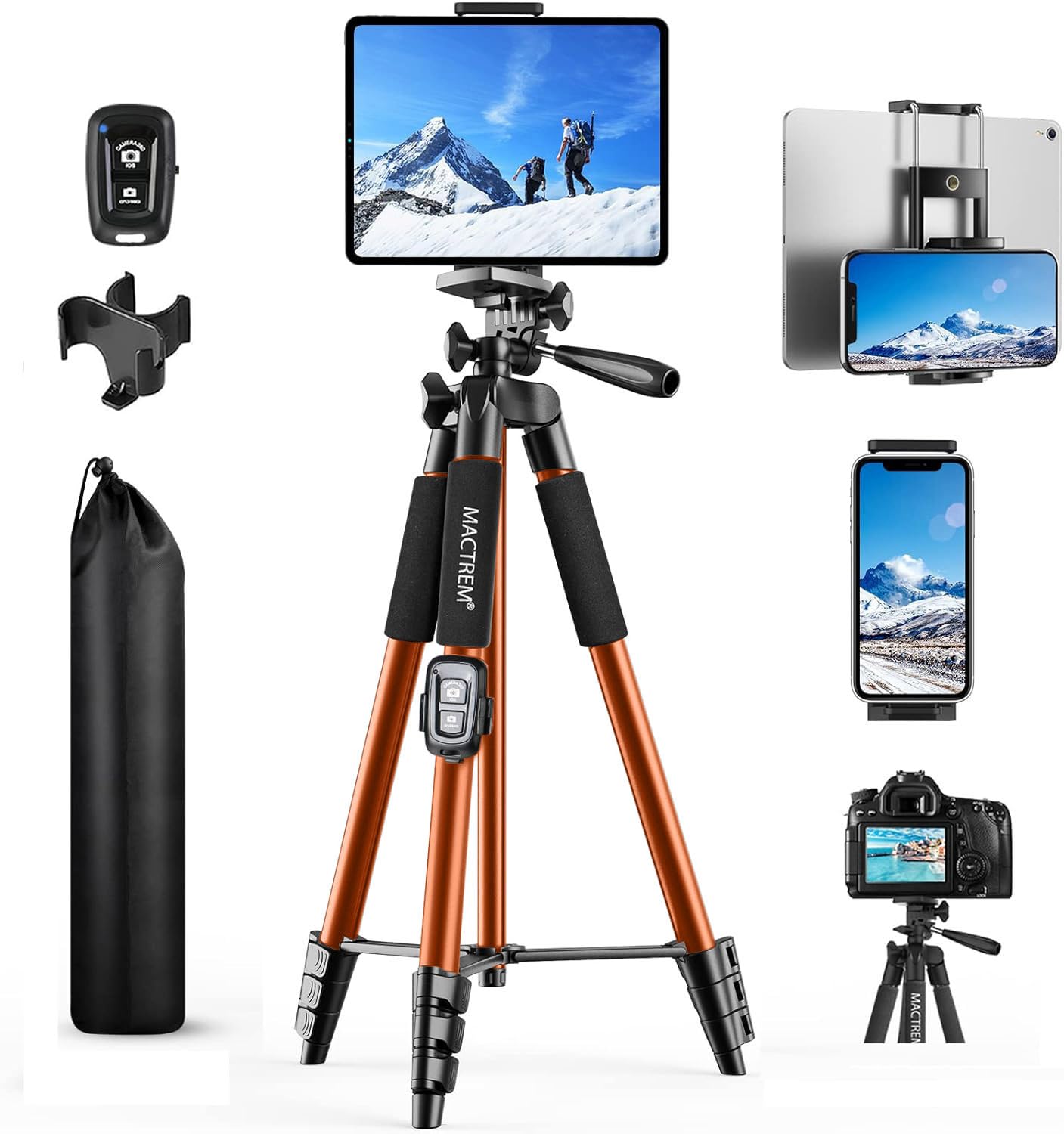 Treppiede Smarthphone, Nuovo 165cm/65in Treppiedi Fotocamera Cavalletto Smartphone per iPhone/Samsung/Huawei/iPad/Reflex, Cavalletto Telefono con Supporto Telefono e Telecomando Bluetooth,Arancio