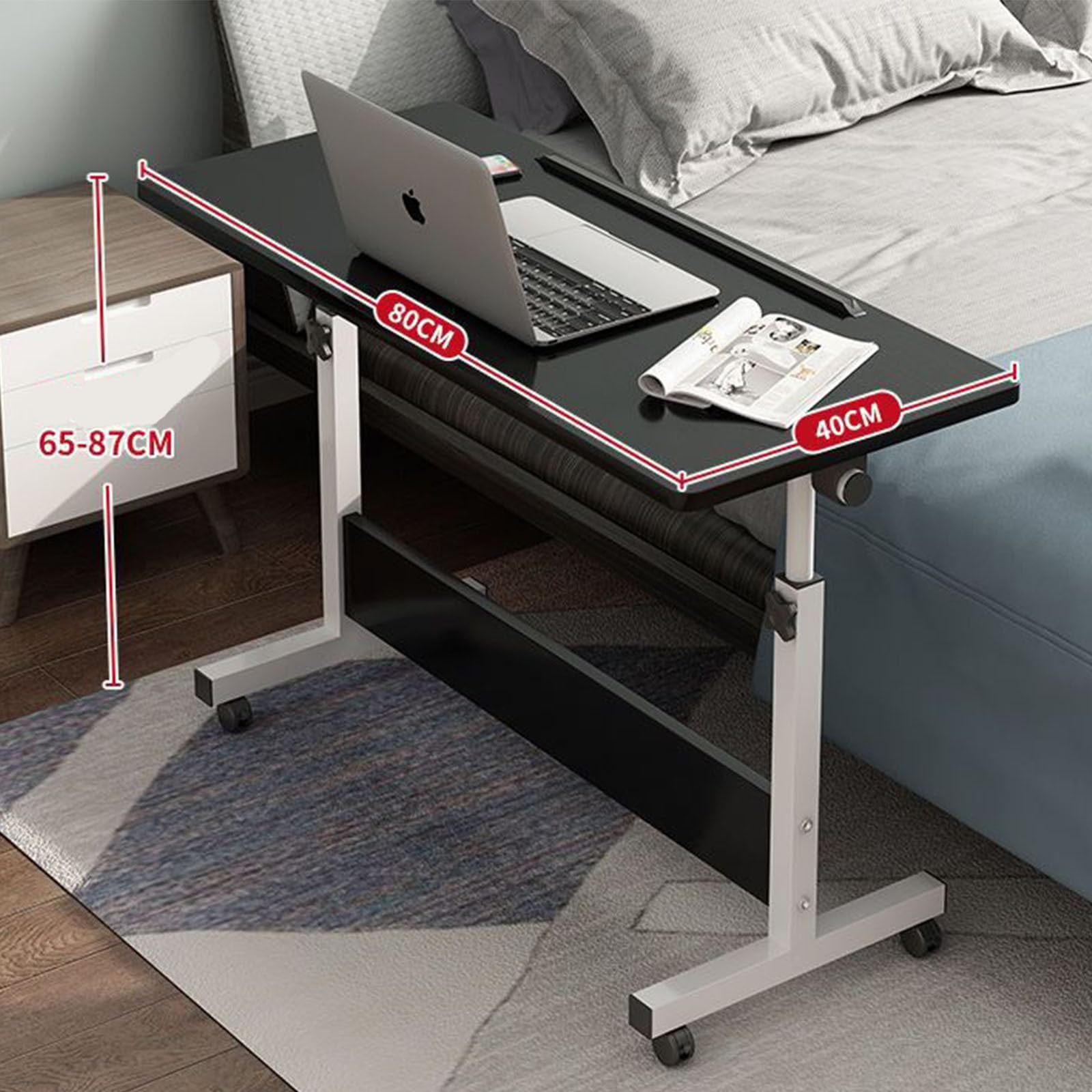 Mobile Standing Desk, Lifted Height Adjustable Bedside Laptop Desk Foldable Multifunctional Side Table Computer Desk with 4 Wheels for Bedroom Living Room Office Hospital Studio (black 40x80cm)
