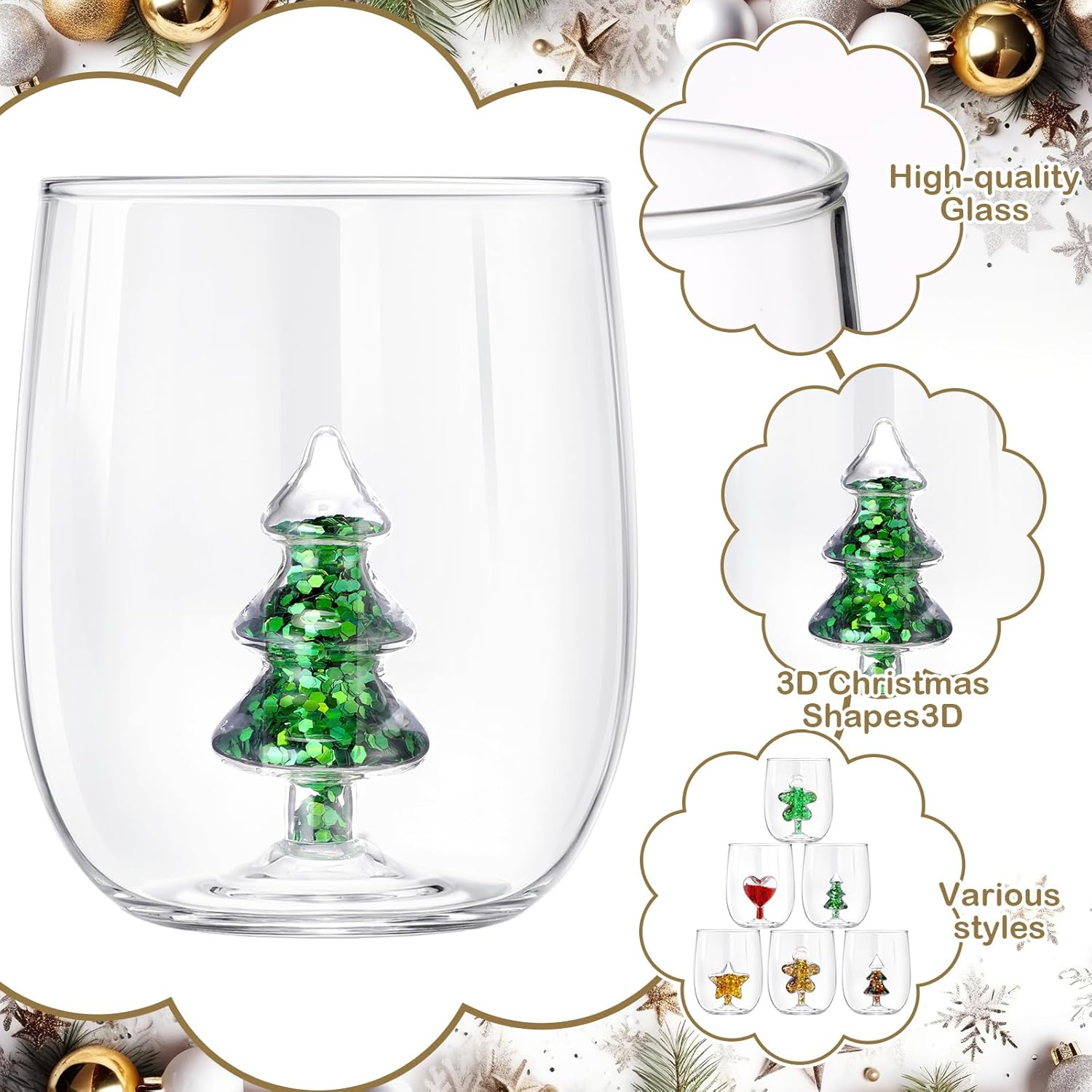 6 Pcs 17oz 3D Crystal Stemless Wine Glass Cup with Christmas Tree Gingerbread Man Love Glitter Star Christmas Stemless Wine Glass for Home Bar Party Juice Decor Festive Gifts - Image 3