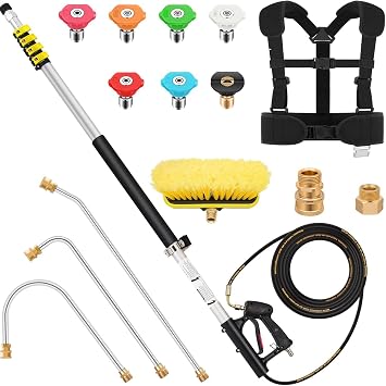 24FT Aluminum Telescoping Pressure Washer Wand with Power Washer Extension Wand, Gutter Cleaner Attachment, Brush Head, 7 Spray Nozzle Tips, Hose Inlet Adapters and Support Harness