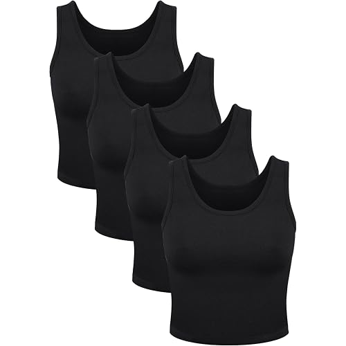 4 Pieces Women Basic Crop Tank Top Short Sleeveless Sports Crop Top (Black, Medium)
