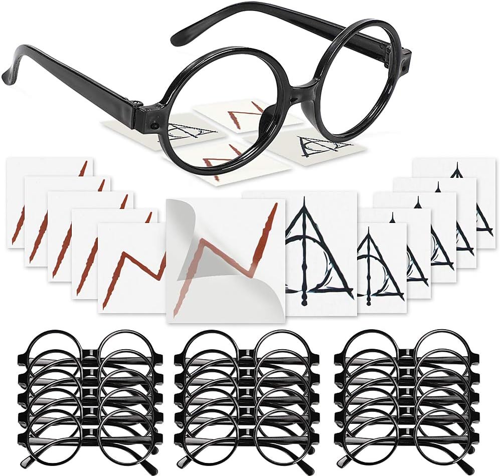 Harry Potter Glasses with Round Frame No Lenses and Lightning Bolt Tattoos Deathly Hallows Tattoos for Kids Wizard, Each of 16 PCs