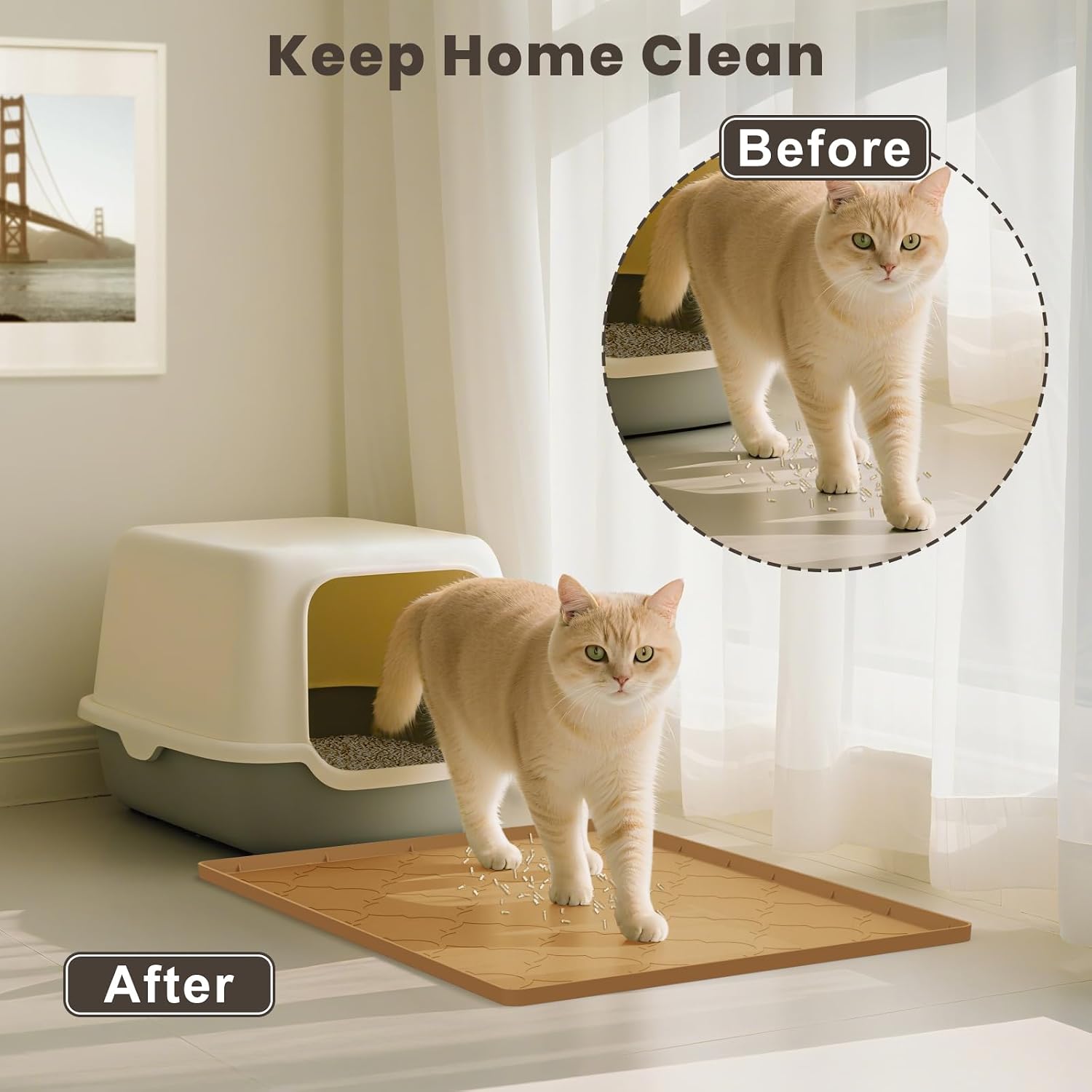 Cat Litter Mat, 28" X 22" Silicone Litter Box Mat, Cat Litter Trapping Mat for Indoor Use, Easy Clean for Scatter Control, Soft on Kitty Paws, Waterproof & Urine Proof, Brown