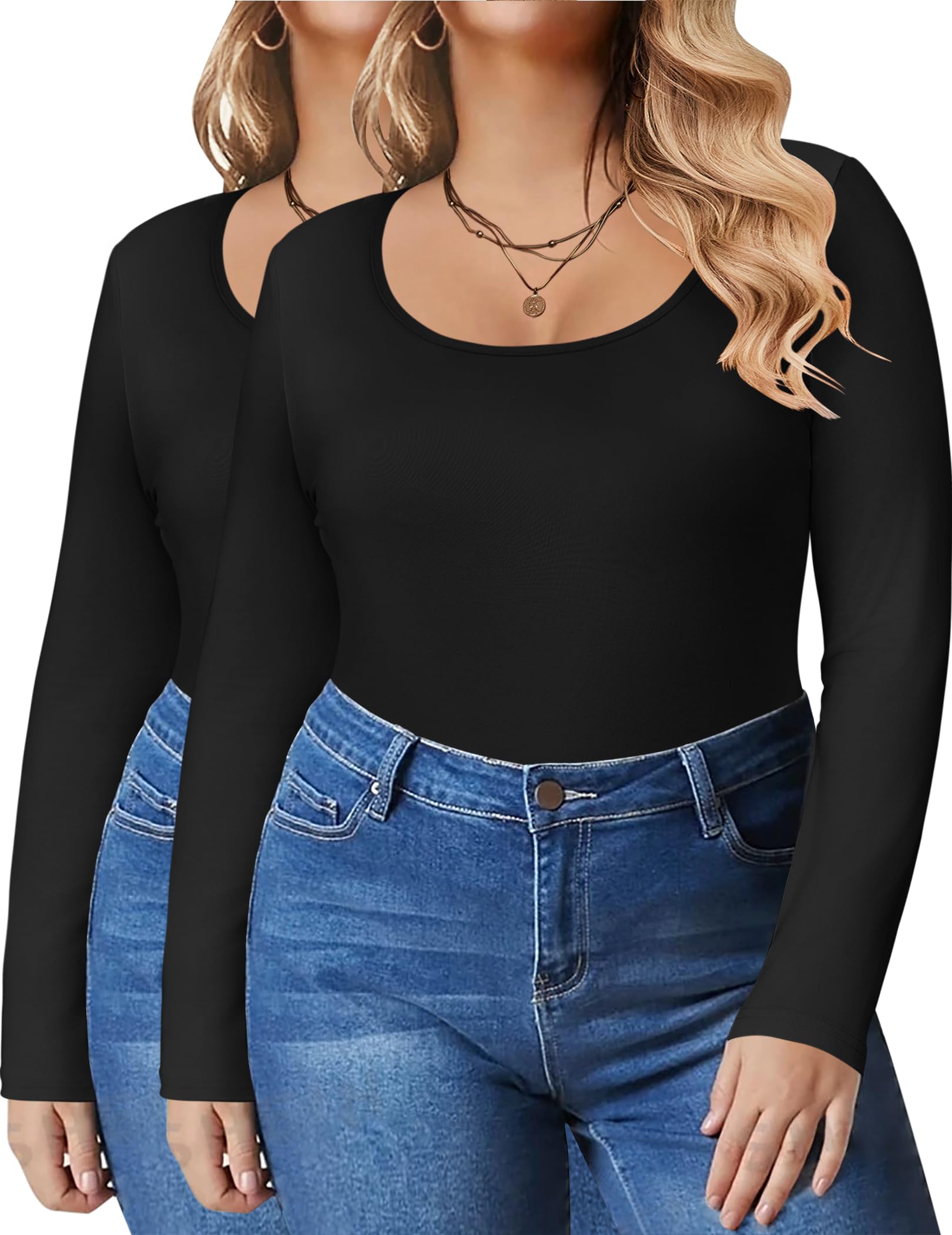 IN'VOLAND Women's Plus Size Long Sleeve Shirts Scoop Neck Slim Fitted T Shirt Stretchy Bodycon Basic Tee Tops