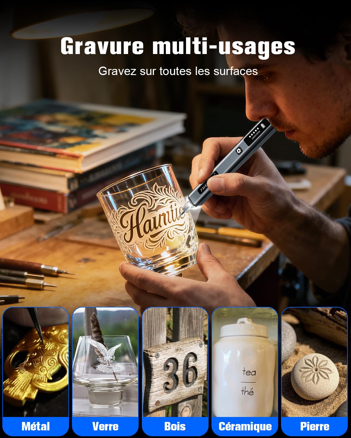 Stylo de gravure électrique – Gravez plus de 50 surfaces – Écran LCD, lumière LED, 5 vitesses, 30+ accessoires, charge USB-C – Graveur bijouterie, idéal bijoutiers, modélistes et créatifs