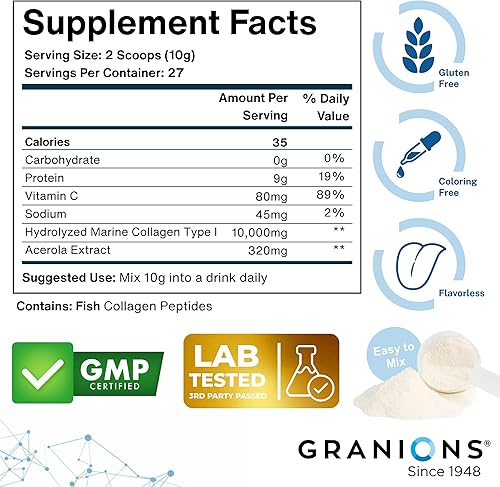 Miniatura 6 de Polvo de colágeno marino sin sabor, 0.35 onzas de péptidos de colágeno hidrolizados tipo I con acerola natural y vitamina C, antioxidante para el