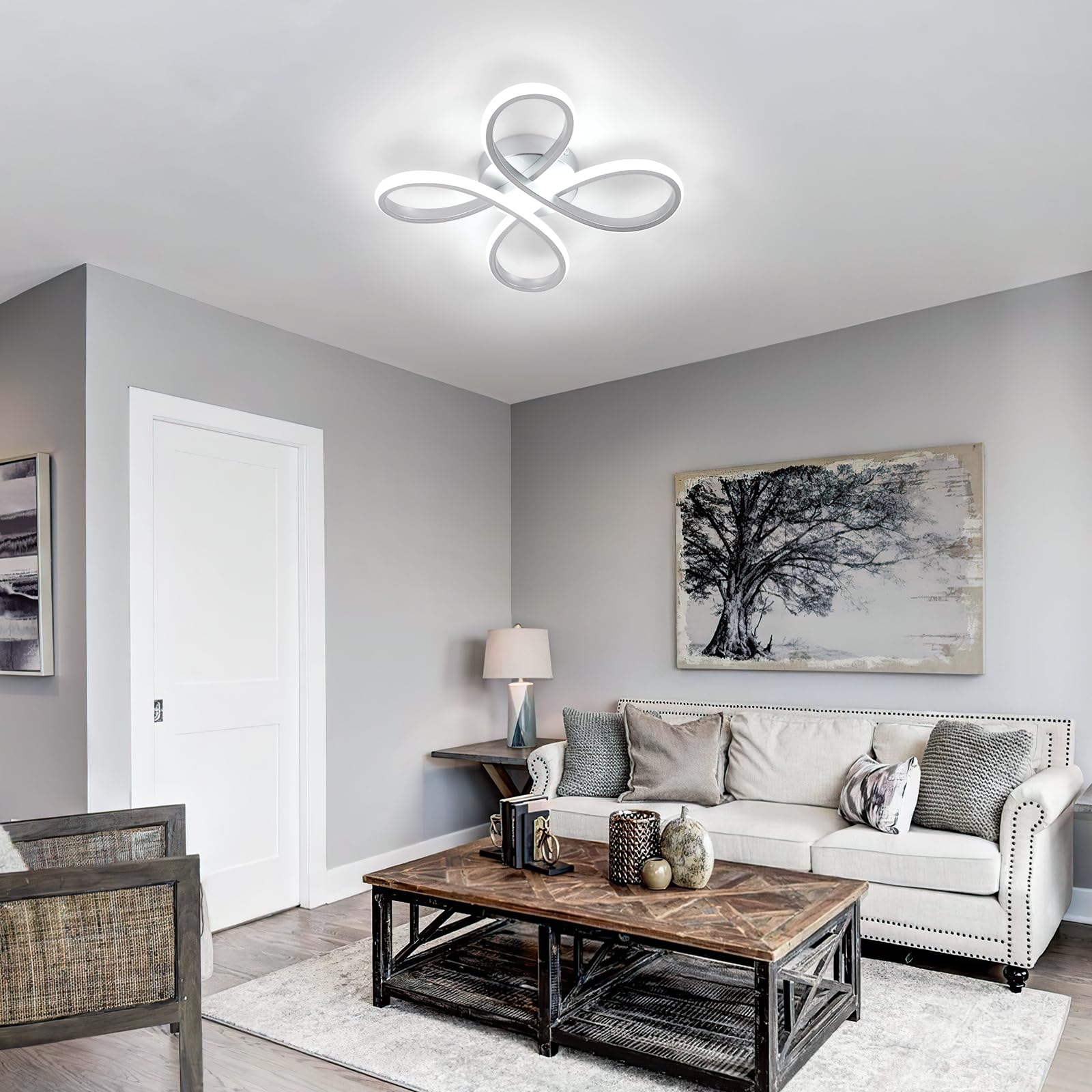 Lámpara de Techo Moderna, 30W 3375LM Plafón LED Techo 30CM | Diseño Forma de Flor, Lamparas de Techo LED Moderno Plata para Dormitorio Cocina Sala de Estar Pasillo, Blanco Frío 6500K