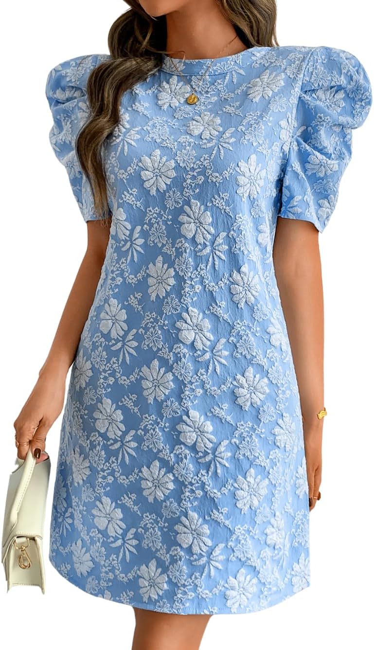 Women's Elegant Floral Jacquard Dress, Puff Sleeve Lightweight Shift Mini Dresses for Summer Casual