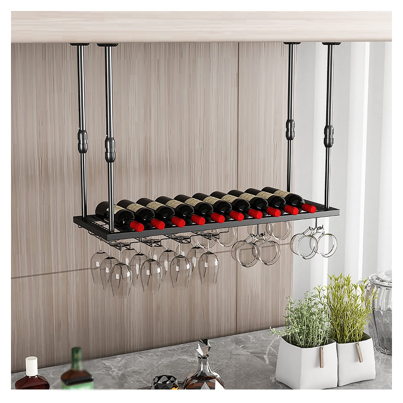 Casier à vin suspendu noir en métal avec porte-verre à pied et hauteur réglable pour bar