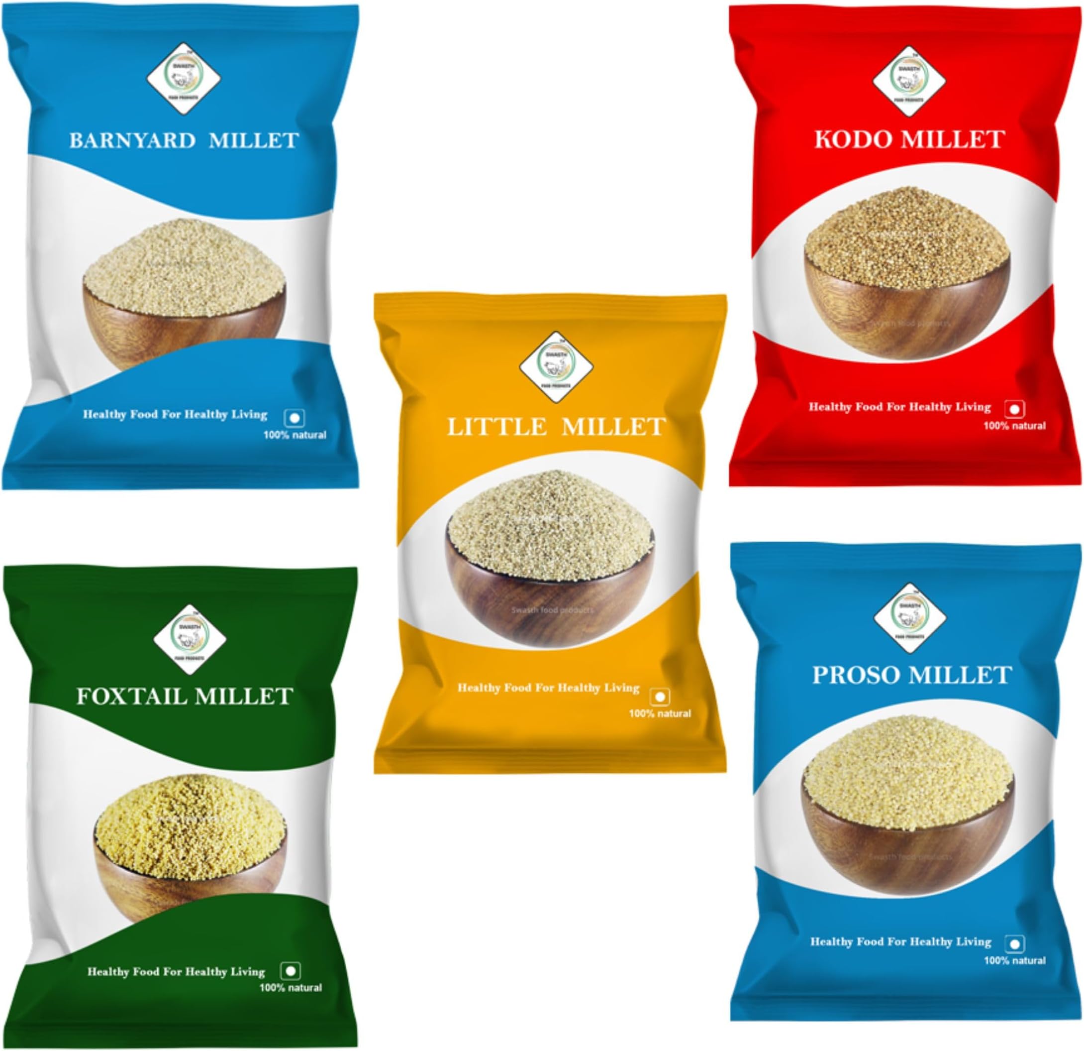 - Swasth millets combo pack | Whole Grain |Gluten Free | No Chemicals | High Plant Protein and Fibre | Rice Replacement | Unpolished positive millets | High Grade Whole Grain | (combo pack of 5 900-g each )(Foxtail , Kodo, Proso , Little , Barnyard )