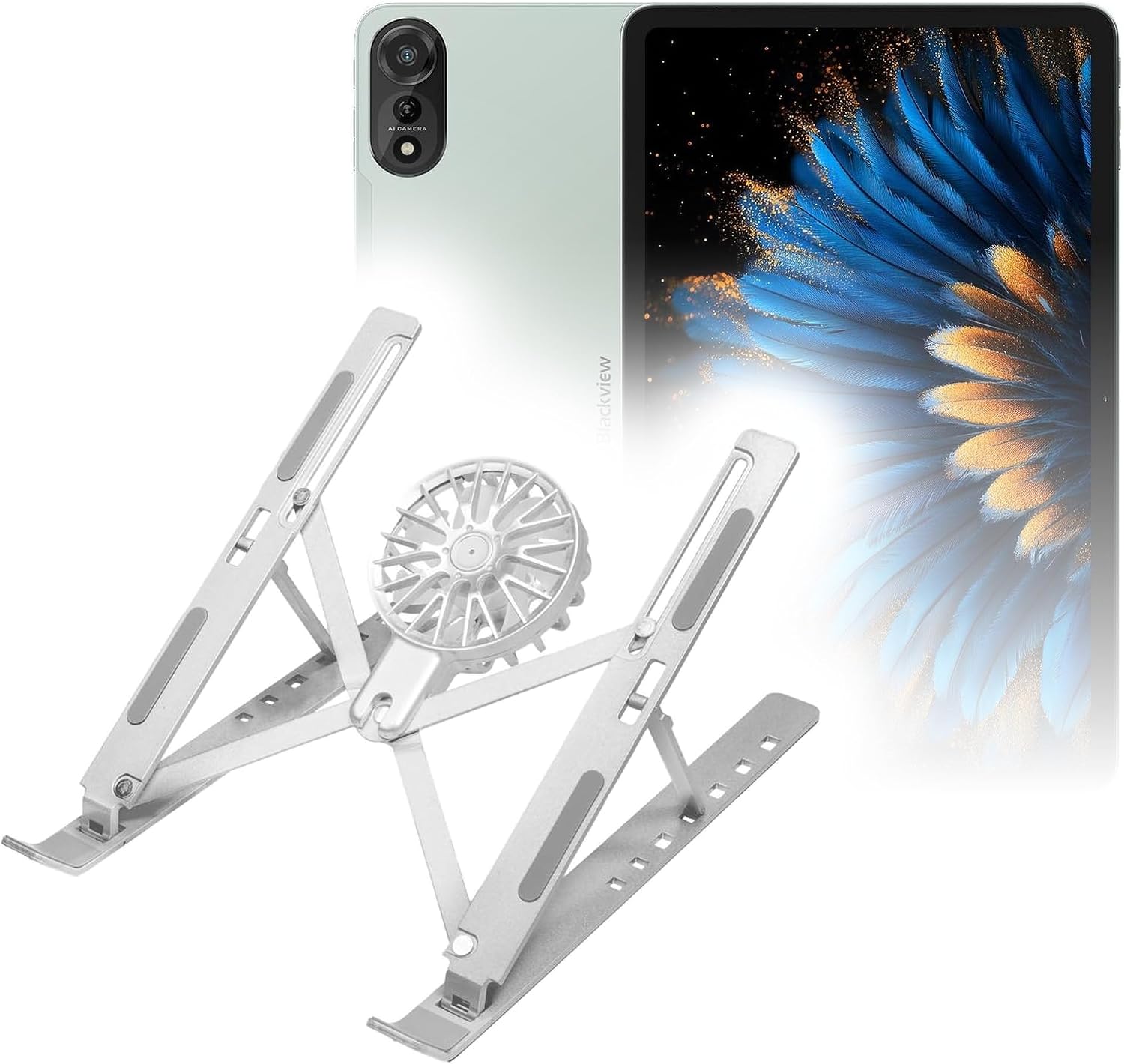 BoxWave Stand and Mount Compatible with Blackview Mega 2 - QuickSwitch Stand with Cooling Fan, Portable, Multi Angle Viewing Ventilator - Metallic Silver