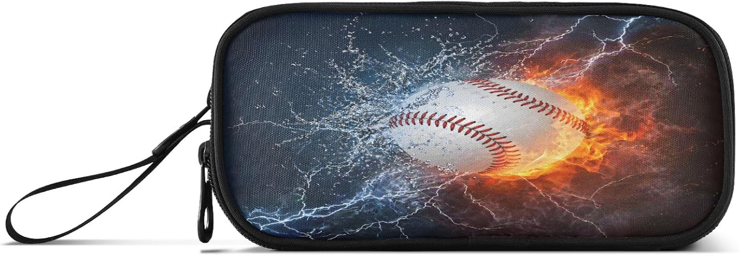 Baseball Ball in Fire and Water Pencil Case 3 Compartment Pen Bag Pouch Holder Box School Portable Stationery Storage Bag for Girls Boys