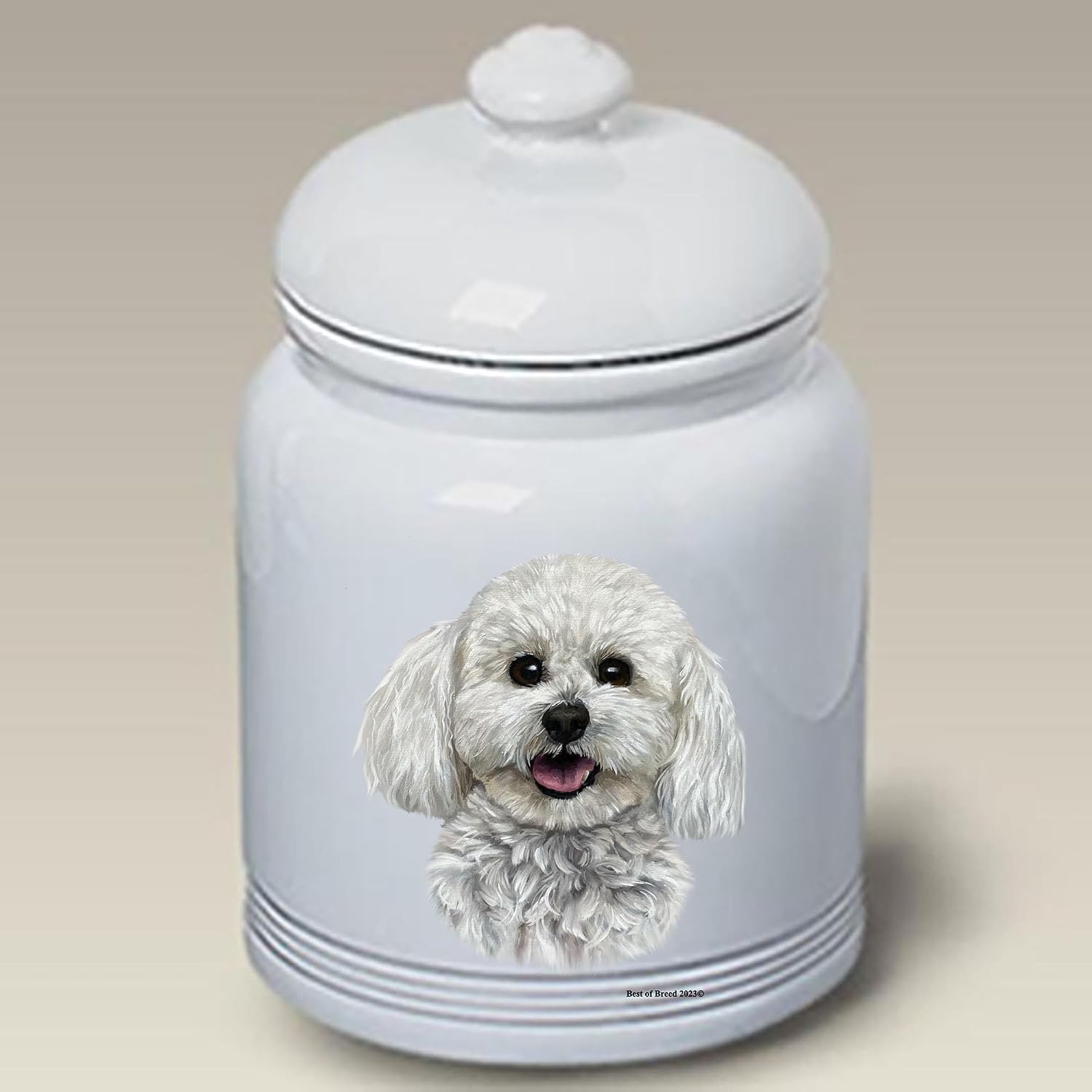 Bichon Frise Show Cut - Best of BreedDog and Cat Ceramic Treat Jar 9" Tall Air Tight Seal All White