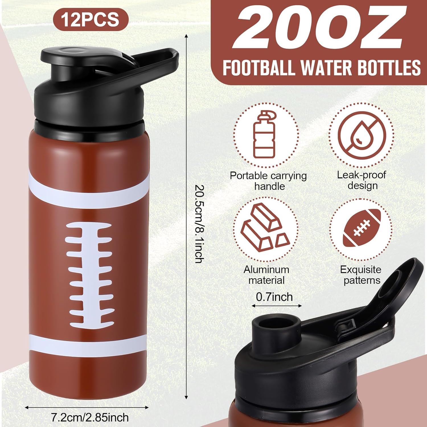 Honeydak 12 Pack 20 oz Football Water Bottle Bulk for Men Metal Travel Bottles with Snap Lid and Handle Aluminum Reusable Sports Outdoor School Gym Cycling - Image 2