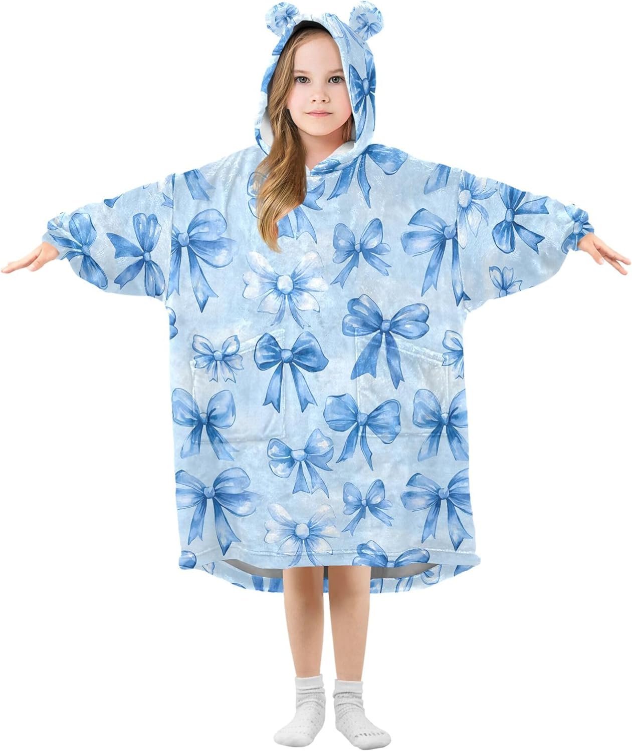 Blue Bows Kids Wearable Blanket Hoodie with Pocket and Sleeves for Toddlers, Cute Hoodies 3-14 Year Girls Boys