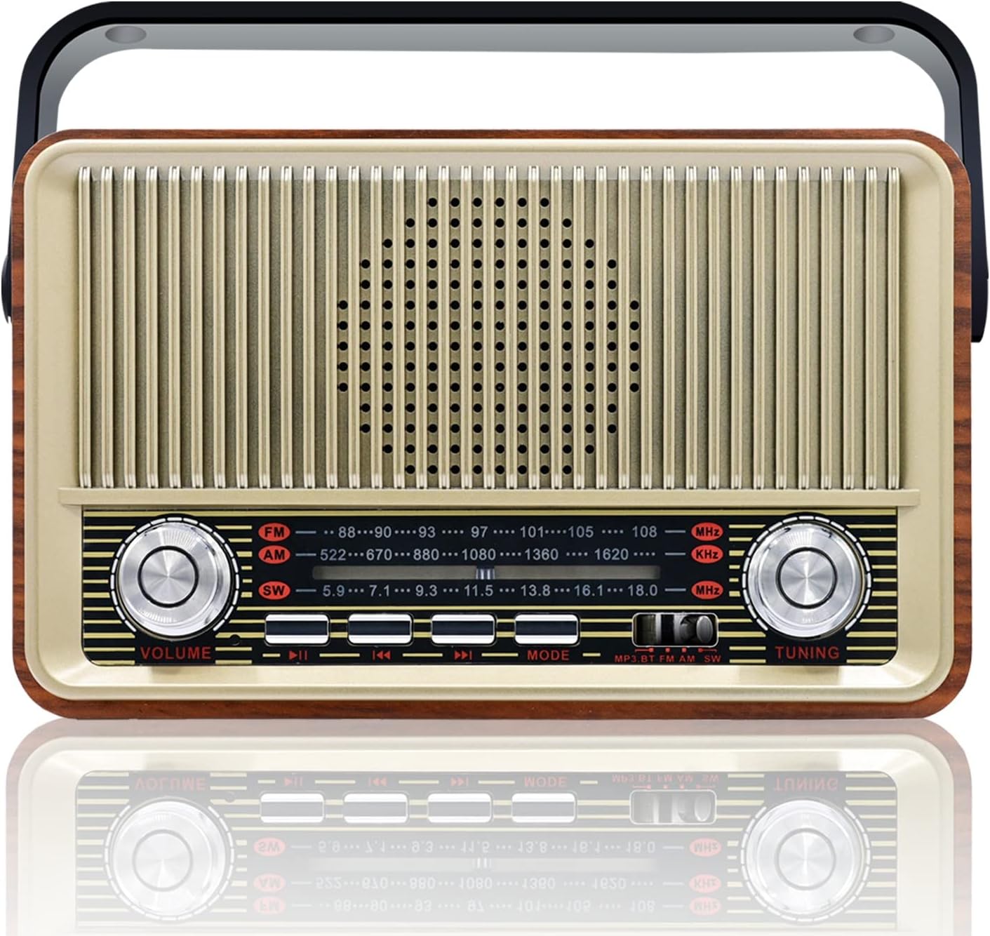 YIFOV Radio Retro, AM FM SW Vintage Radio Bluetooth Speaker, Transistor Radio Battery Operated with 3-Way Power Sources, Rechargeable Radio Support TF Card (Gold)