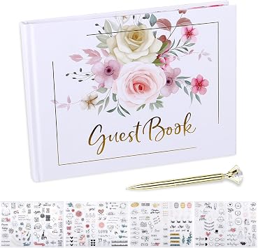 Wedding Guest Book,9x7''120 Page/60 Sheets Hardcover Personalized Wedding Guestbook Photo Album Sign in Book with Sign in Pen and Creative Stickers for Weddings,Baby Shower, Party Birthday,Graduation