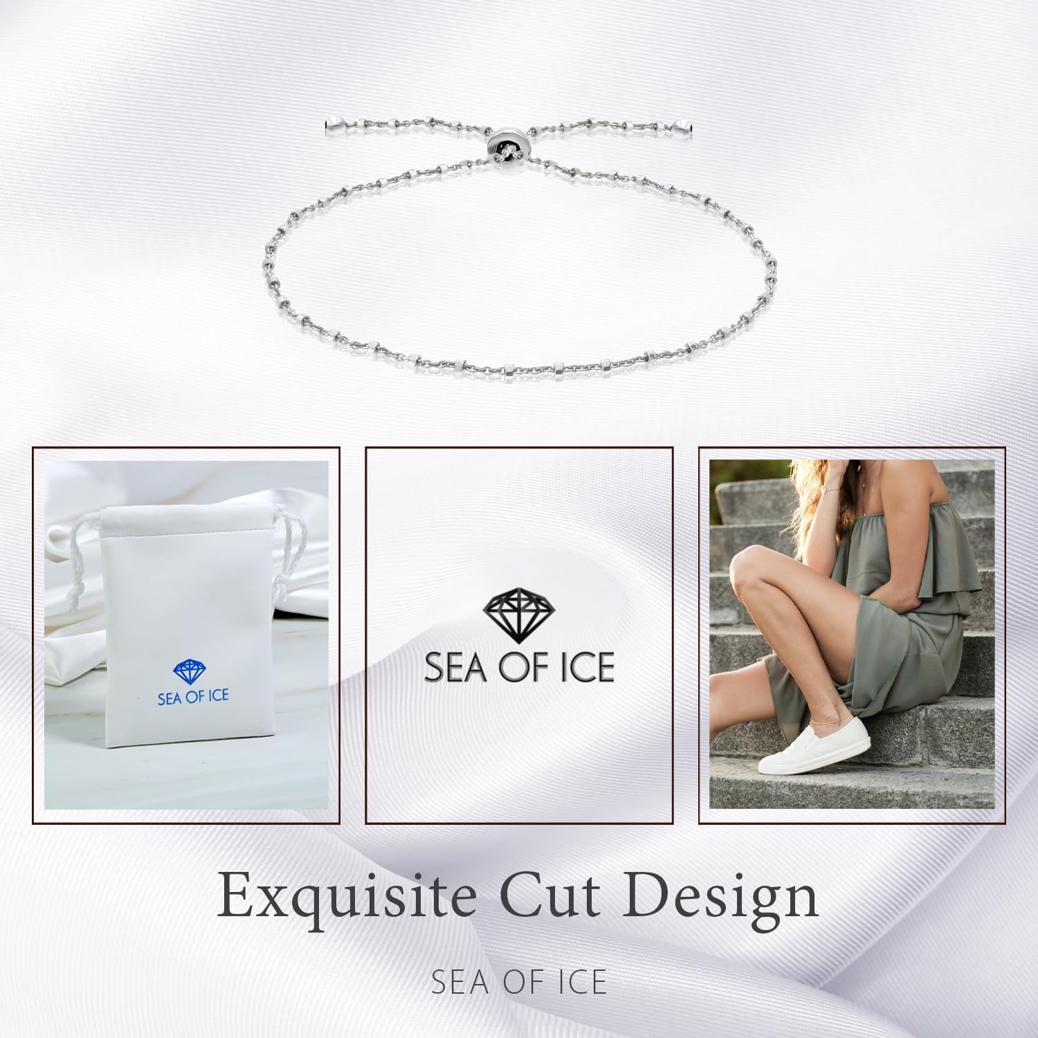 SEA OF ICE Sterling Silver 1mm Diamond-Cut Alternate Bead Rolo Chain Adjustable Bracelet for Women - Image 6
