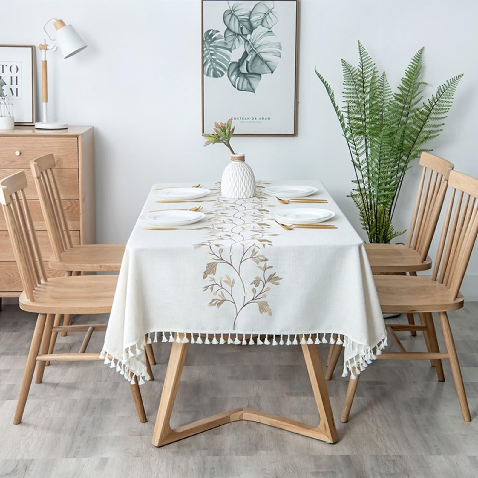 Tovaglia da Cucina Rettangolare, Tovaglie 140 x 240 cm Foglia ricamata con nappa in Poliestere Tovaglia per Casa e Cucina, Tovaglia Elegante per PicnicStyle2-Khaki