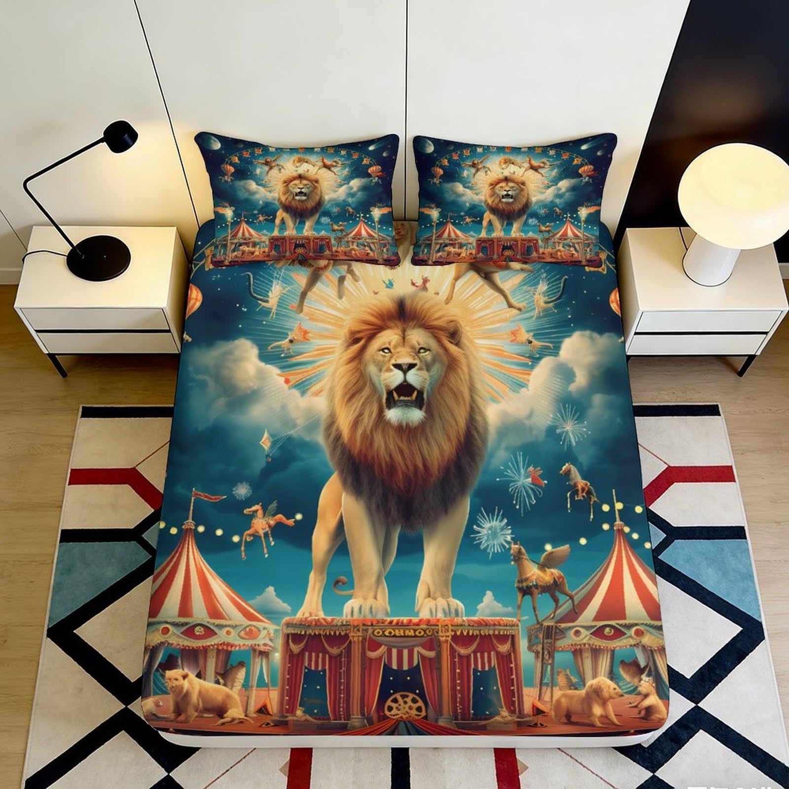3D Printed Circus Lion Fitted Sheet Microfiber Soft Bed Cover for Bedroom Guest Room Dorm Decor Protection 90x200x25cm