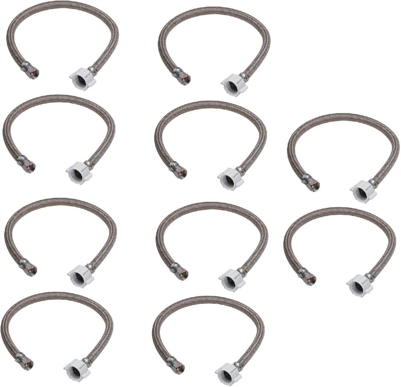 (10) EZ-Fluid 20“ Toilet Water Supply Line Connector, Braided Stainless Steel - 3/8“ Female Compression Thread x 7/8” Female Ballcock Thread 20-Inch Toilet Water Connectors Hose