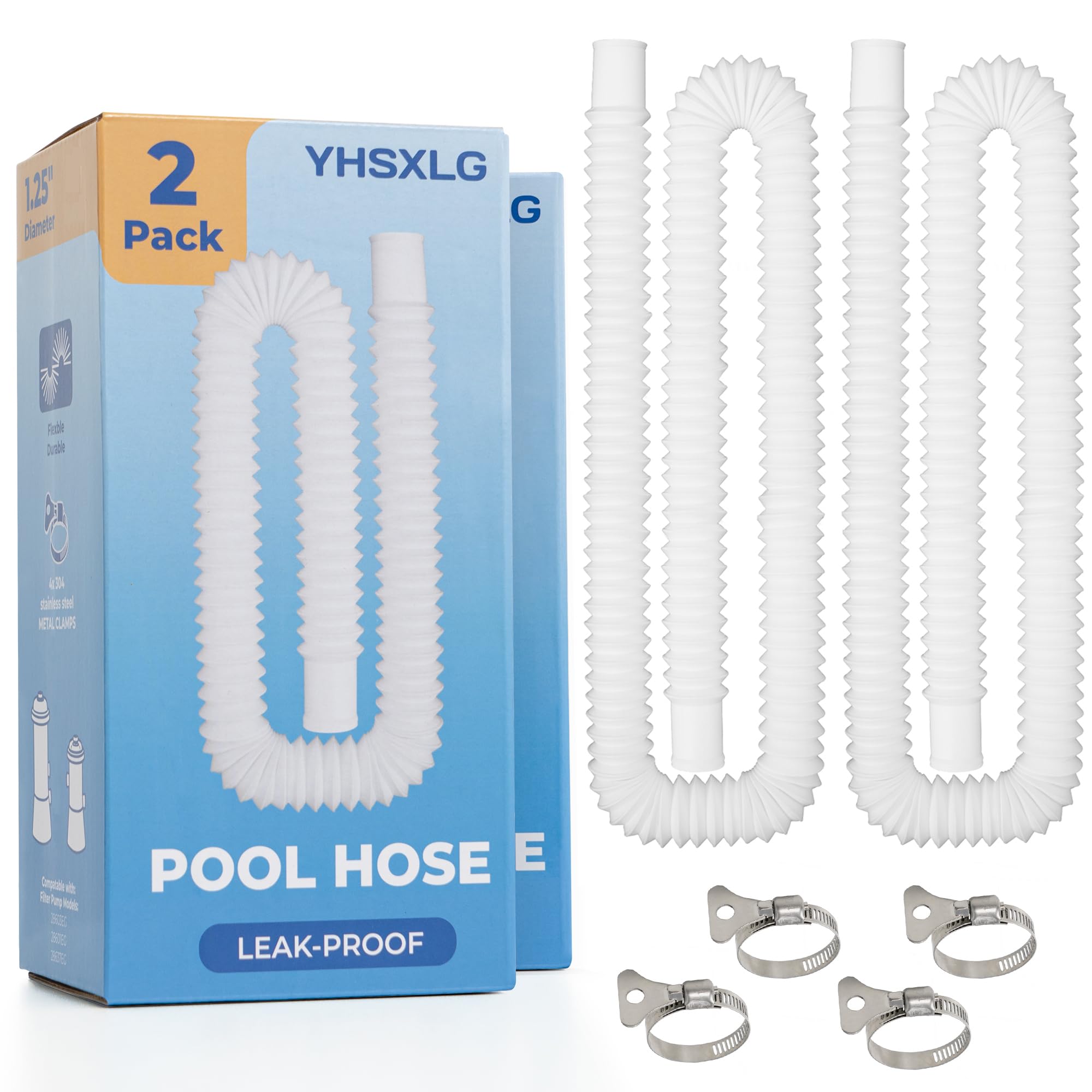 Photo 1 of Pool Hoses for Above Ground Pools, 1.25 x 50 Inch Hose for Filter Pump, Compatible with Filter Pump 607, 637 (2 Hoses + 4 Metal Clamps)