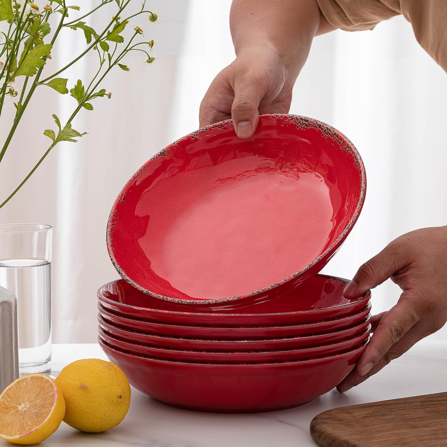 Farmhouse Melamine Pasta Bowls Set of 6, 42 OZ Large Serving Bowls Set, 9.25 inch Ramen Bowls,Wide and Shadow Rustic Red Round Dinner Bowl, Fruit bowl, Noodle Bowl, Salad Bowl Set, Red… - Image 7