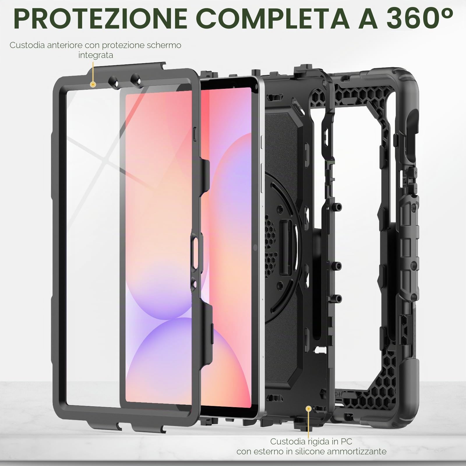 SEYMAC Custodia per Samsung Galaxy Tab S10 Lite / S10 FE 10.9" / S9 FE 10.9"/ S9 11 Pollici, Custodia Antiurto con Pellicola Protettiva, Supporto Girevole a 360°, Tracolla, con Portapenne, Nero