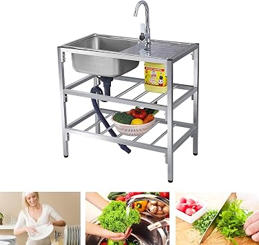 Stainless Steel Utility Kitchen Sink Outdoor Sink Laundry Room Sink with Cabinet Portable Sink Garage Sink Commercial Sink with Countertop,Faucet Combo,Drain Strainer Set for Garden Restaurant  Color
