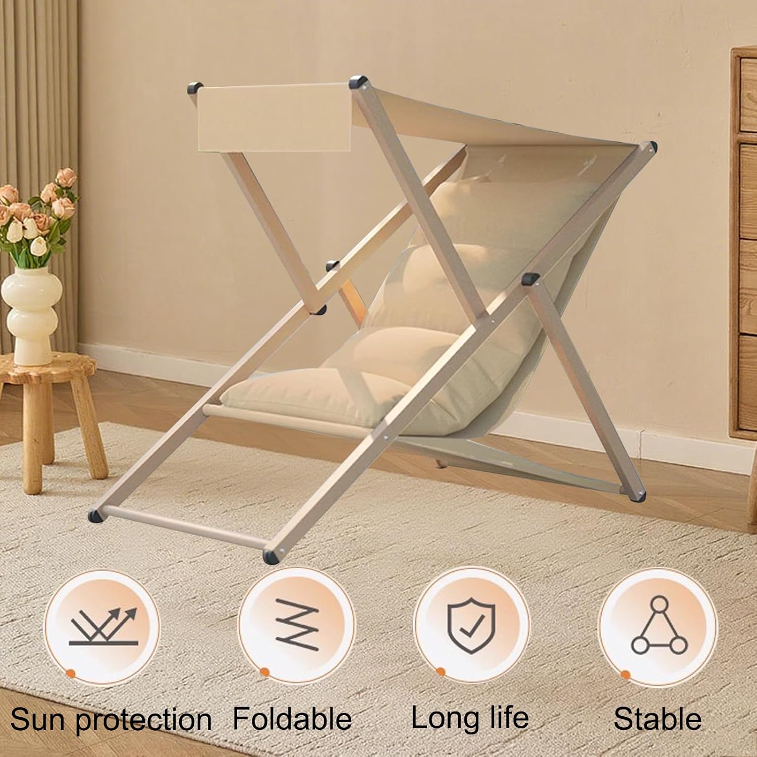 Beach Lounge Chair with Canopy, Folding Reclining Outdoor Chaise Lounger, Beach Chair Pool Sunbathing Lawn Lounger for All Weather, No Assembly Required (Khaki)