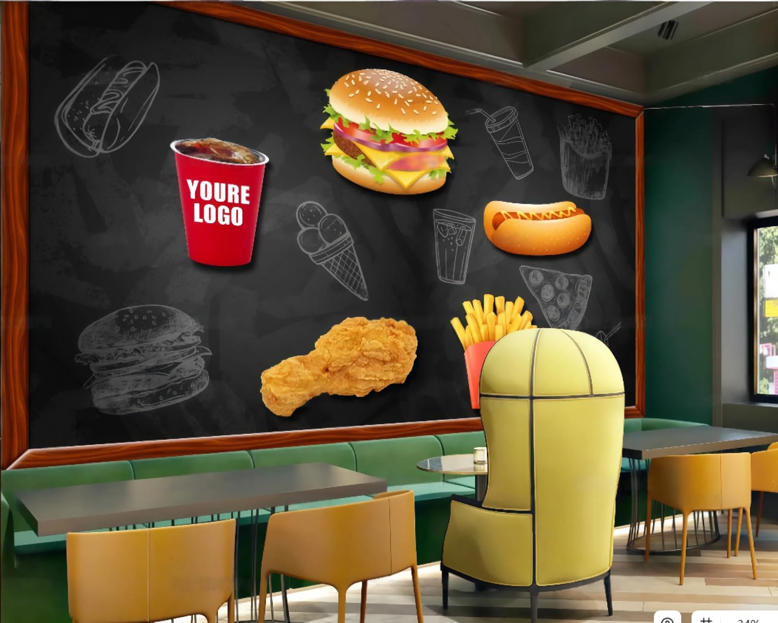 XDOUBAO Wallpaper Retro Wood Grain Frame Blackboard Hand-Painted Burger Pizza Fast Food Afternoon Tea Western Restaurant Background Wall Wallpaper Coffee Shop Mural,3D,250x175cm