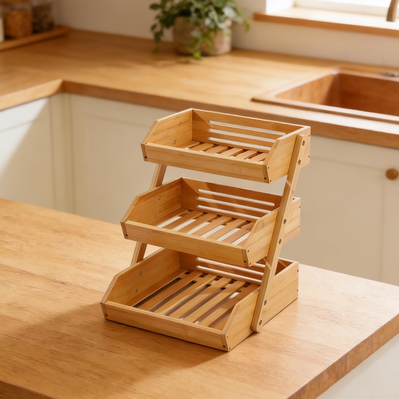 Scolapiatti in legno per frutta e verdura, da cucina, per rinfrescare prodotti e piatti, in legno, naturale, per frutta, verdura e utensili con design salvaspazio