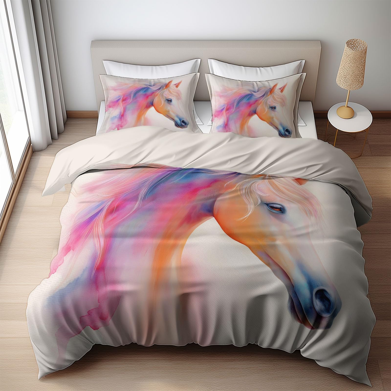 Zestaw poszewek na kołdrę – 3 szt. miękka ciepła pościel z nadrukiem zestaw na łóżko pojedyncze 135 x 200 cm, białe nowoczesne anime kolorowe zwierzę koń 1 poszewka na kołdrę 2 poszewki na poduszki w