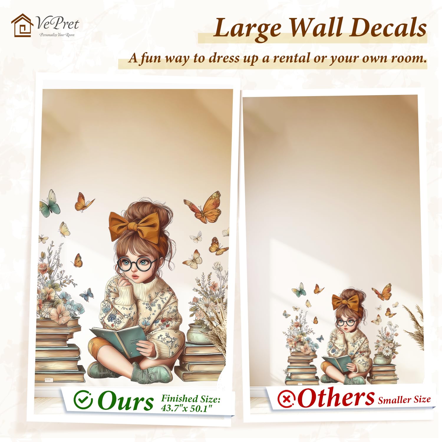 VePret Large Flowers Girl Wall Decals Peel and Stick, Floral Books Butterflies Wall Stickers - Image 4