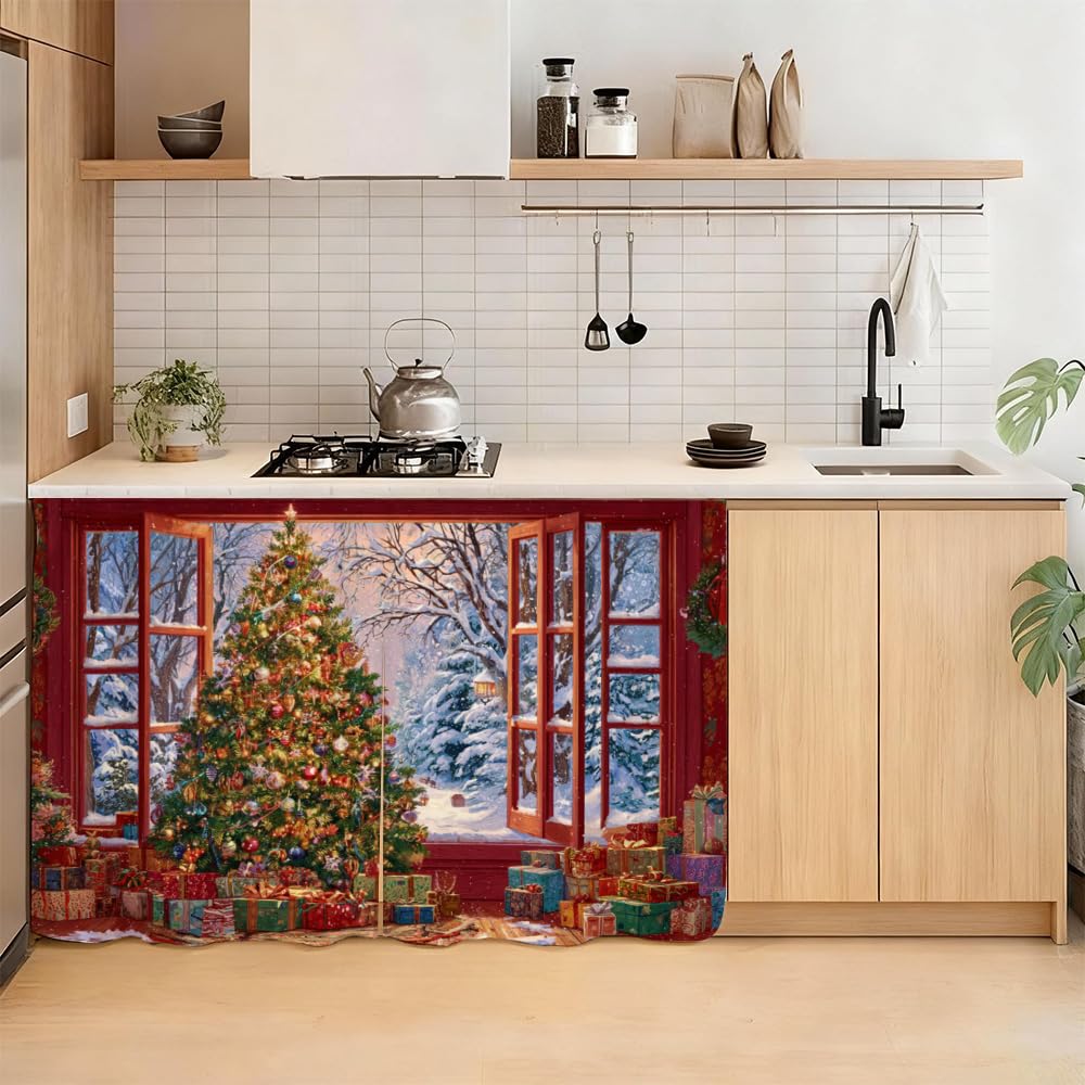 Self Adhesive Open Window View Cabinet Curtain for Mother's Day, 39x28 Inch Festive Tree Under Sink Skirt No Drill, Spring Cleaning Kitchen Decor, Hook and Loop Laundry Valance