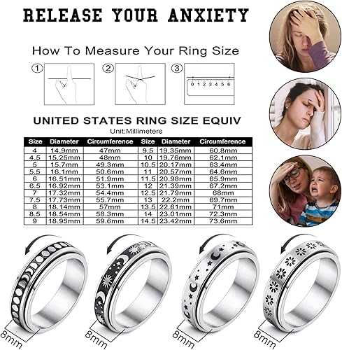 Miniatura 2 de Jstyle Anillos para la ansiedad de acero inoxidable, 9 unidades, anillo giratorio antiansiedad con cuentas, luna estrella, triple entrelazado, flor