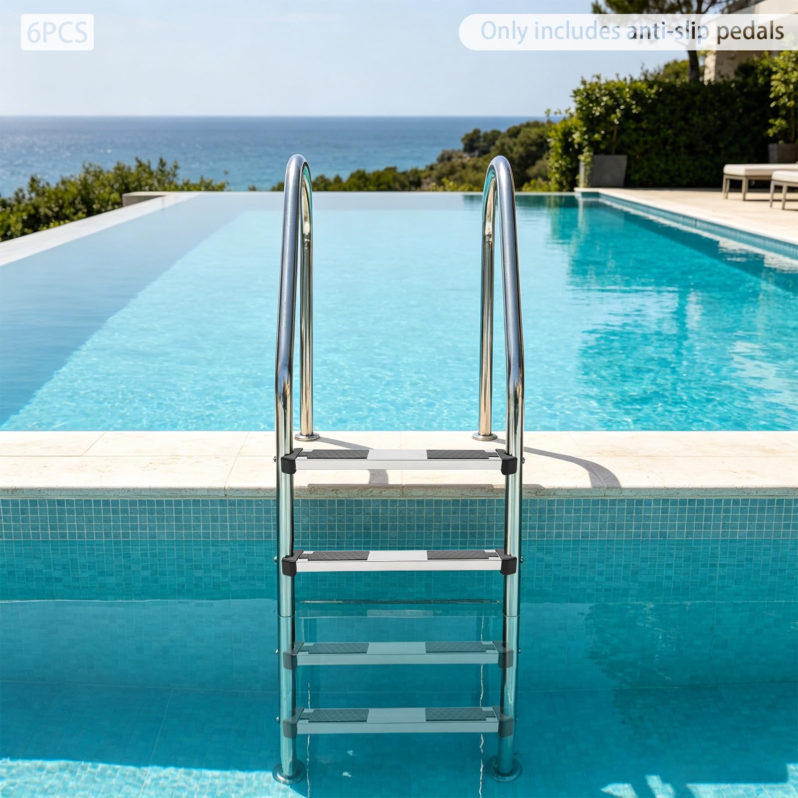 Escalera de piscina con peldaños de acero inoxidable 304, 6 peldaños