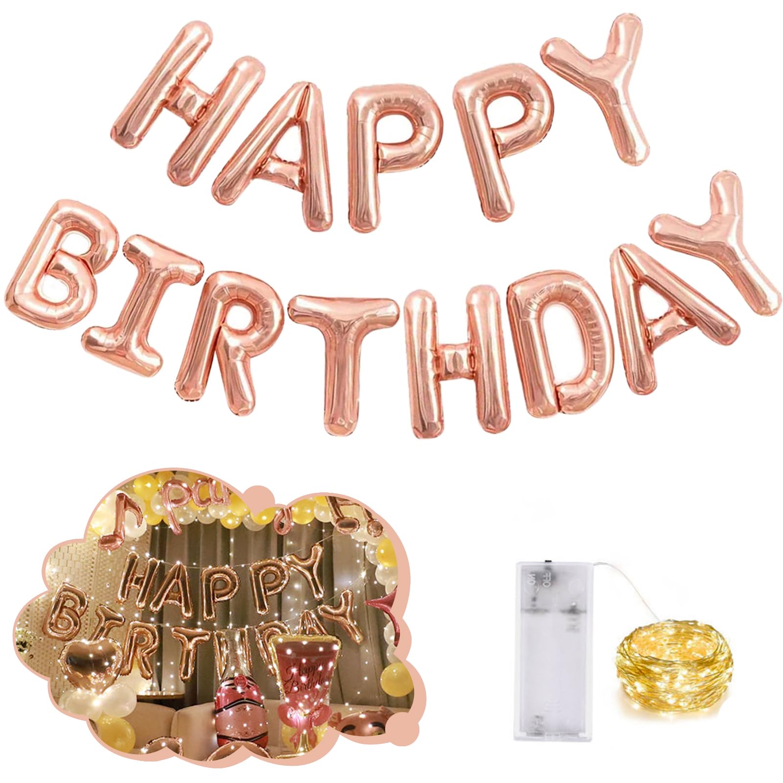 CANREVEL Happy Birthday Banner 13pcs 16 Inch Mylar Foil Letters Sign Balloons with LED Lights Birthday Party Decorations for Kids and Adults - 3D Rose