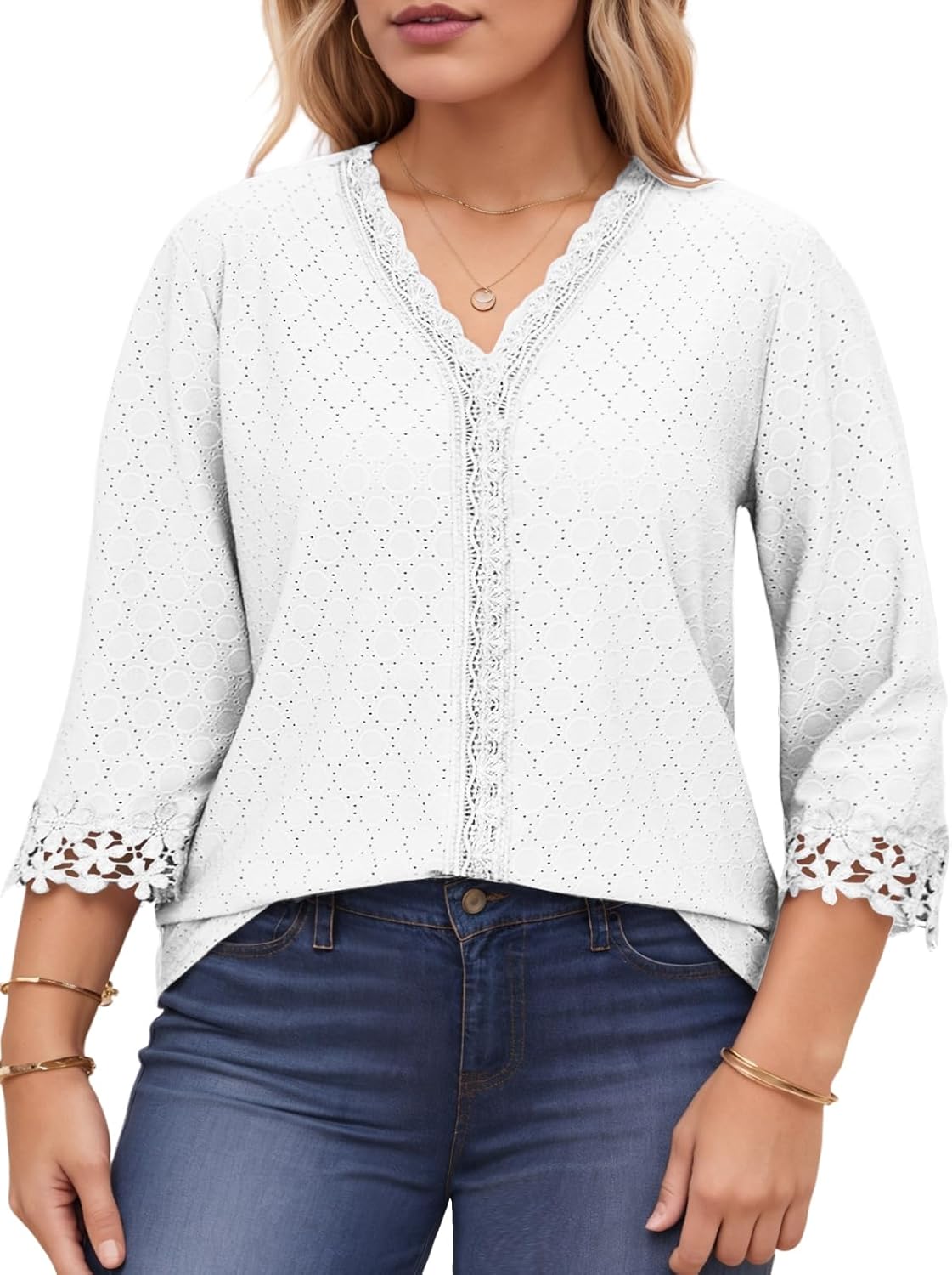 ROSRISS Womens-Tops-Plus-Size Dressy Lace Trim V Neck 3/4 Length Sleeve Shirts Trendy Dot Eyelet Blouses Casual Loose Tunics - Image 2
