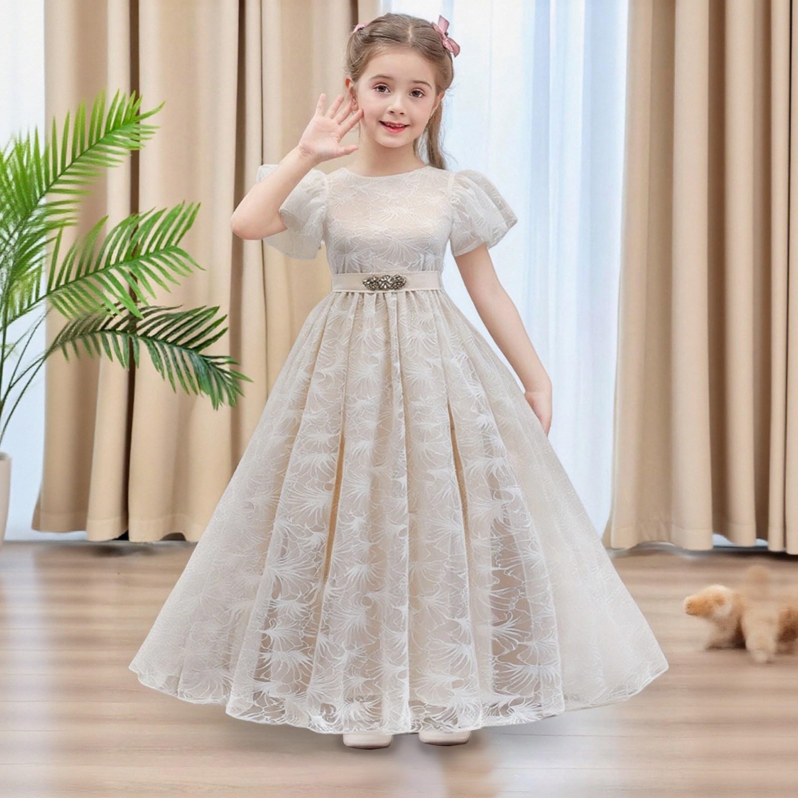 Genérico Vestidos para niñas, Vestido de Encaje con cinturón, Elegante Vestido de Fiesta para niñas, Ropa Informal, Bordado Floral, Traje de tutú, Moda cómoda para niñas de 8 a 13 años