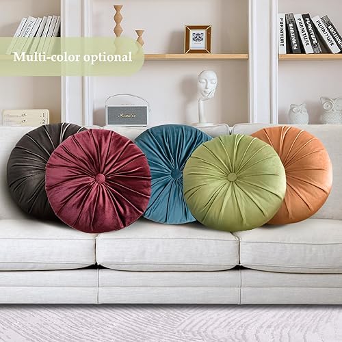 Miniatura 7 de Almohada redonda de terciopelo de 13.78 pulgadas, plisada redonda, cojín redondo de calabaza para el hogar, sofá, silla, cama, decoración de
