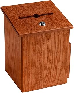 Wood Suggestion Box, Ballot Box with Side Pocket, Locking Hinged Lid and Pen, for Wall or Counter - Medium Oak (Ballots Not Included)