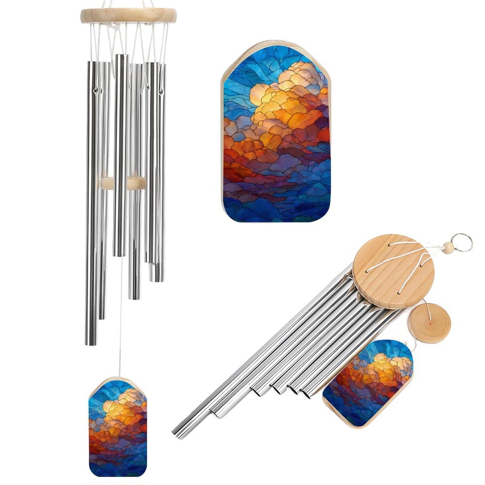 Stained Glass Sky And Cloud Wind Chimes Memorial Deep Tone Windchime with 6 Aluminum Tubes Outdoor Backyard Garden Decoration
