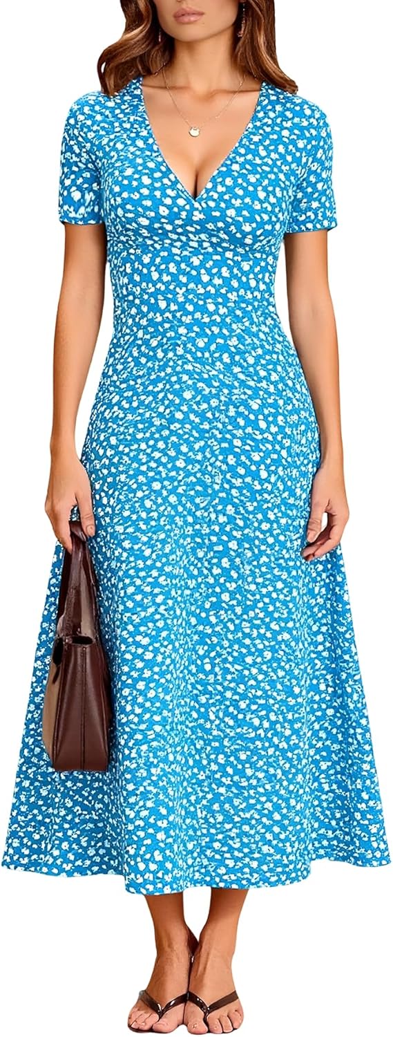 Women's Floral Print Wrap V Neck Dress Short Sleeve Flared A Line Flowy Maxi Dresses