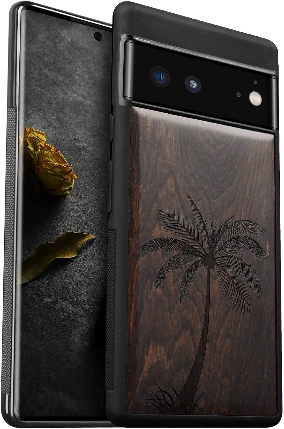 Carveit Wood Case for Pixel 6 Case [Solid Wood & Black Soft TPU] Shockproof Protective Natural Wooden Cover Compatible with Google Pixel 6 (The Palm Tree-Blackwood)