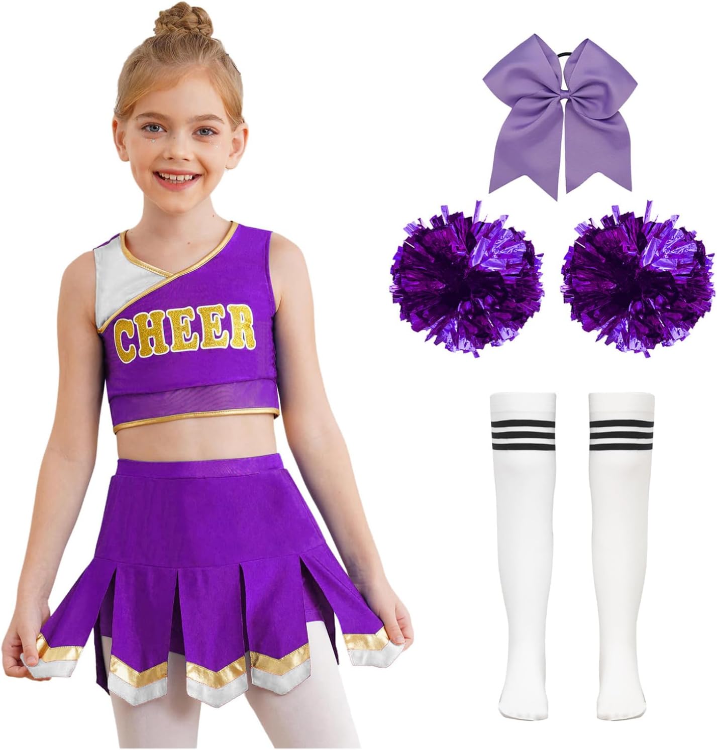 Hansber Girls Cheerleading Uniform Sleeveless Crop Top and Pleated Skirt with Accessories for Sports Events
