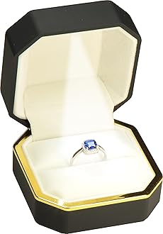 Black Ring Box for Proposal, Engagement, Wedding…Luxury Octagonal Design with Gold Trim LED Ring Jewelry Gift Holder Box with Light for Men for Women