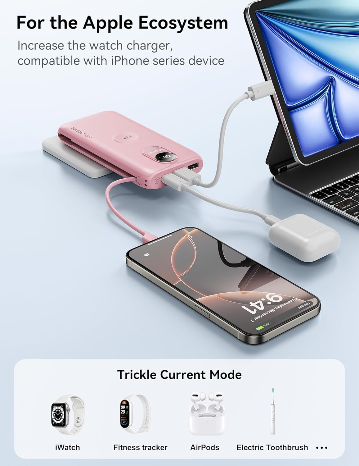 Portable Charger, 10000mAh 22.5W Fast Charging Power Bank with Built in Cable & Wall Plug, Travel Essential Battery Pack with LED Display, External Charger for iPhone 17/16, iWatch 11/10/9/8/Ultra/SE - Image 7