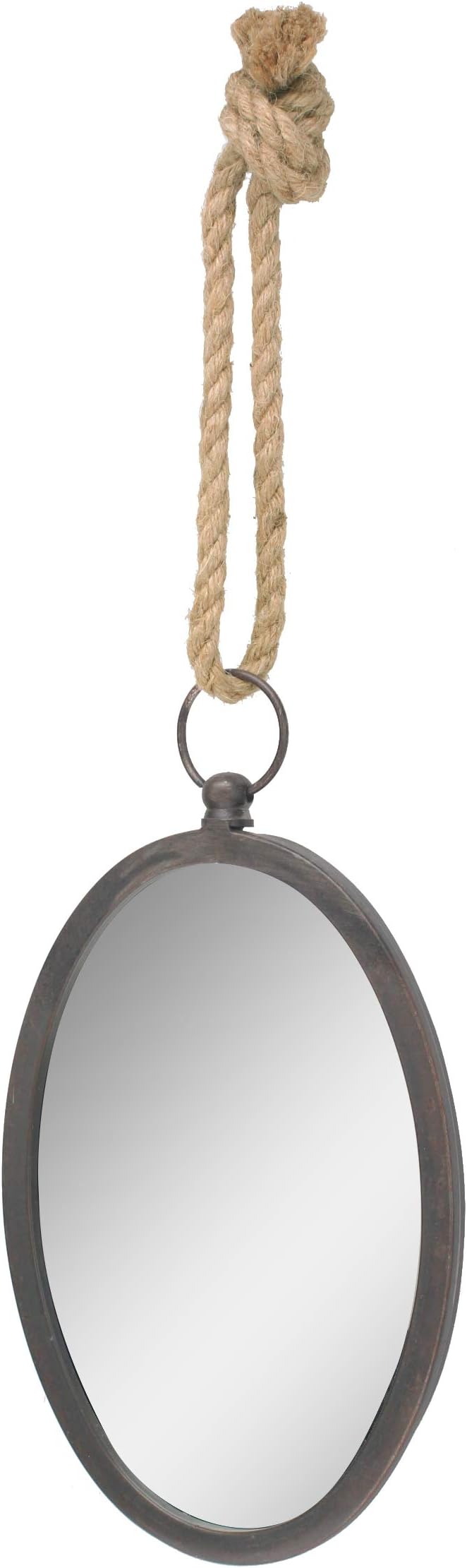 11.5" x 7.6" Oval Brown Metal Wall Mirror with Rope Hanging Loop, Decorative Rustic Decor for the Living Room, Bedroom, Hallway, and Entryway