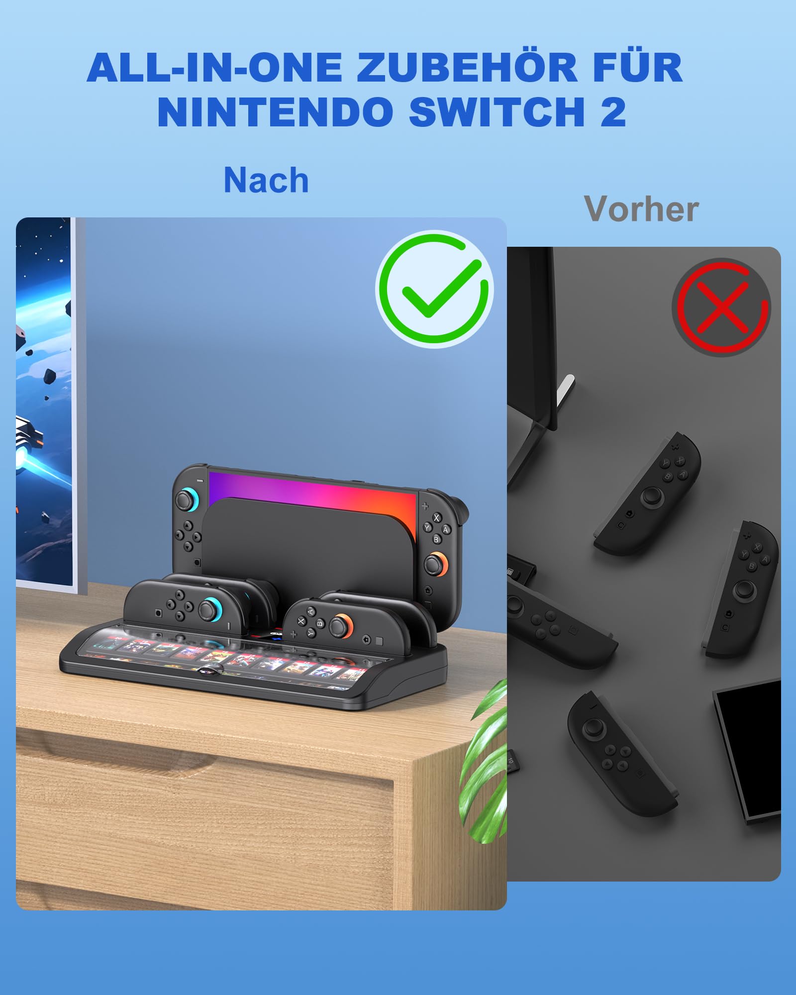 Switch Ladestation für Nintendo Switch 2, 2.5 Stunden Controller Ladestation für Joycons mit 20 Spielesteckplätzen, Spiele Aufbewahrung Docking Station Zubehör